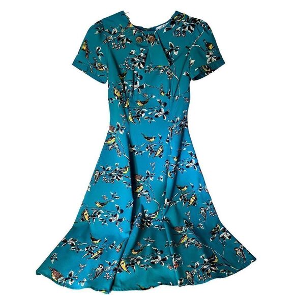 Hell Bunny Womens Blue Green Birdy Round Neck Short Sleeve A Line Dress X-Small - Picture 2 of 14